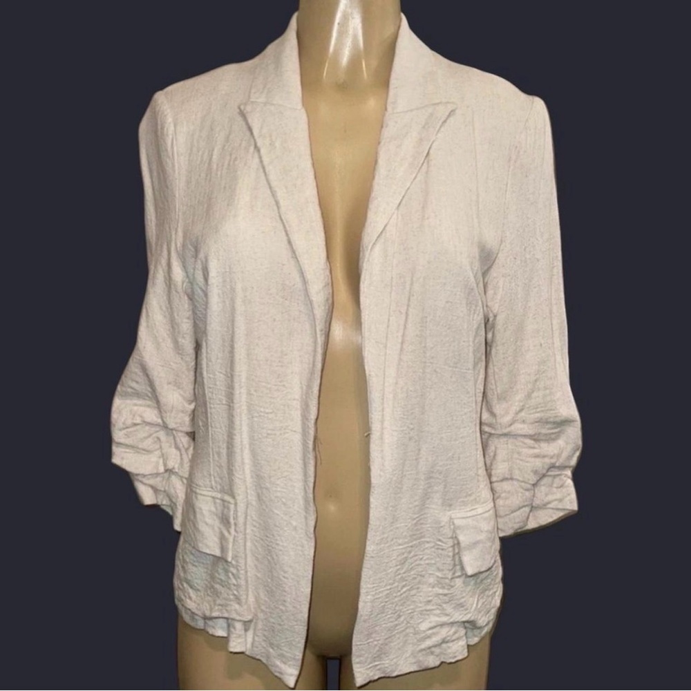 Windsor Blazer Medium Ivory Linen Blend Ruched Sleeve Lightweight Open Front